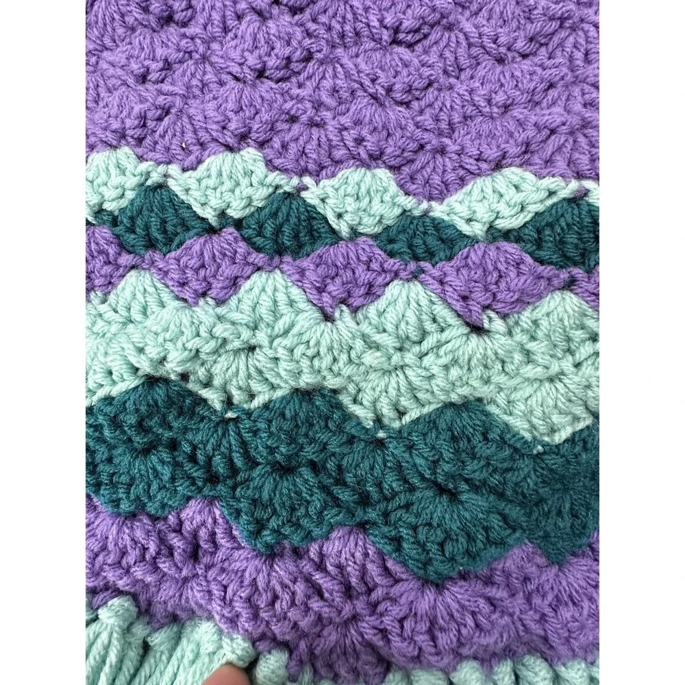 Handmade Crochet Afghan Throw Blanket Teal Purple Fringe Granny Stitch 70s Style